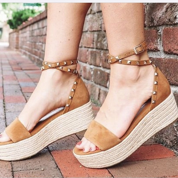 Studded Leather Espadrille Wedge Summer Sandal - Jazlyn Tan - Picture 1 of 7